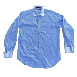 Men dress shirt formal long sleeve FIT Striped Buttoned Tops Blue Sz 16 34/35